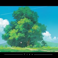 an anime scene with a large tree in the foreground and clouds in the background