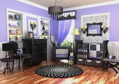 a living room filled with furniture and purple walls