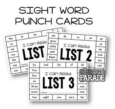 sight word punch cards with the words i can read and list 3 in black on white