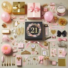 a table topped with lots of pink and gold items