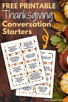 thanksgiving conversation cards with free printables on them and pumpkins in the background