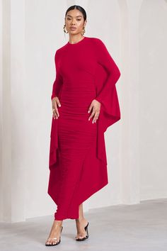 Keva | Red Long Sleeve Ruched Maxi Dress with Cape Detailing Dress With Cape, Midi Bridesmaid Dress, Ruched Maxi Dress, Black Dress Prom, Red Maxi, Maxi Dress Prom, Cape Dress, Red Long Sleeve, Red Mini Dress