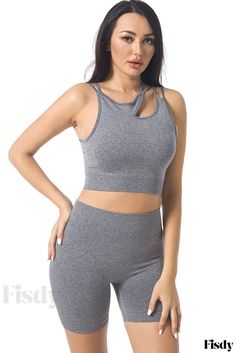 Fisdy - Cut Out Criss Cross Yoga Top and High Waist Sports Shorts Set in Exquisite Design Distressed Cropped Denim Jacket, Long Sleeve Babydoll Dress, Yoga Top, Activewear Sets, Yoga Set, Cross Design, Sports Wear, Sports Shorts, Sports Suit