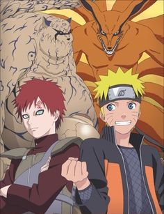 naruto and sashirt standing next to each other in front of a large animal