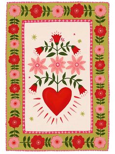 a red heart surrounded by pink flowers on a green and white background with an embroidered border