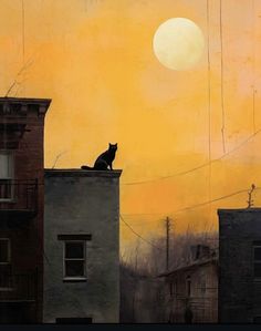 a painting of a cat sitting on top of a building with the sun in the background