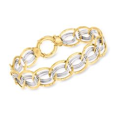 At Ross-Simons, we recognize the style power of versatile classics. In this artisanal interlocking oval link bracelet, warm and cool tones come together with textured and polished finishes. Triplets of shiny white links line up between tactile yellow links and finish with a lobster clasp. 14kt two-tone gold bracelet. Each Ross-Simons item arrives in a fine jewelry presentation box. Shop Ross-Simons jewelry risk-free as all items include a 30-day, 100% money-back guarantee. Size: 7.25.  Color: Me Sparkle Jewelry, White Gold Bracelet, Metal Accessories, Fine Jewelry Bracelets, Lovely Jewellery, Gorgeous Jewelry, Jewelry Inspo, Cool Tones, Bracelets And Charms