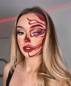 Halloween Makeup For Red Hair, Kids Halloween Makeup Ideas, Halloween Face Painting For Women, Halloween Inspired Makeup Looks, Diamond Skull Makeup, Rhinestone Makeup Halloween, Fun Halloween Makeup Looks, Red Halloween Makeup, Haloween Mackup Ideas