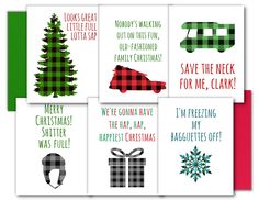 four christmas cards with green, red and black plaid designs on the front one has a holiday tree