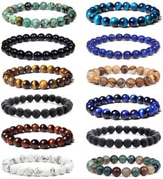 PRICES MAY VARY. GEMSTONES BRACELET SET- This gemstone bracelet set includes 12 pcs different 8mm round bead bracelets, featuring tiger's eye, lava rock, onyx, white turquoise, and more. Each bracelet is a unique piece as no two stones are alike. Wear them together as a stylish set or mix and match for versatility. TOP-CLASS MATERIAL- These semi-precious gemstone bracelets are crafted with carefully selected 8mm high-quality beads that are safe and long-lasting, ensuring they won't irritate the Cheap Sporty Stretch Bracelet With Round Beads, Cheap Hypoallergenic Stretch Bracelet For Women, Semi Precious Stone Bracelet, Stone Bracelets, Beautiful Stones, Jewelry Care Instructions, Sensory Experience, White Turquoise, Lava Rock