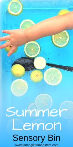 a hand reaching for lemons on top of a blue tray with text that reads summer lemon sensory bin