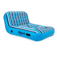 an inflatable bed with blue and white stripes on the bottom, sitting upright