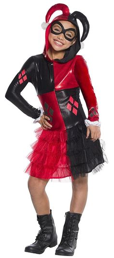 Lookin' for a great costume for your daughter, puddin'? The Girls Harley Quinn Tutu Dress is just what the doctor ordered. This red and black getup will transform your girl into the Maid of Mischief. This villain-turned-antiheroine is great for any girl who loves comic bookfun. Batman Harley Quinn, Harley Quinn Costume, Striped Tights, Hooded Dress, Golden Girls, Halloween Costumes For Kids, Costume Dress, Tutu Dress, Girl Costumes