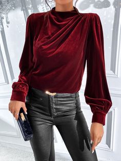 Burgundy Elegant Collar Long Sleeve Fabric Plain Top Embellished High Stretch  Women Tops, Blouses & Tee Velvet Blouse Outfit, Winter Blouses, Lantern Sleeve Top, Velvet Blouse, Lantern Sleeved Blouses, Ladies Blouse Designs, Designer Party Wear Dresses, Velvet Blouses, Beauty Dress