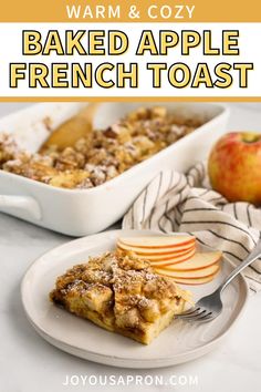 baked apple french toast on a plate with a fork and bowl of apples in the background