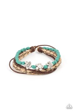 Item #P9UR-BLXX-177XX Three delightful etched silver flowers stand out on a strand of turquoise wooden beads. Paired with an assortment of braided twine and cording, the set wraps around the wrist for an earthy remix. Features an adjustable sliding knot closure. Sold as one individual bracelet. Paparazzi Accessories Sliding Knot Bracelet, Adjustable Sliding Knot, Flowers Stand, Sliding Knot Closure, Knot Bracelet, Silver Frames, Blue Wood, Sliding Knot, Yellow Stone