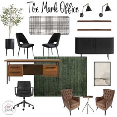 an office with chairs, desks and pictures on the wall that says the mark office