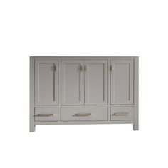 a gray cabinet with two doors and three drawers on the bottom, in front of a white background