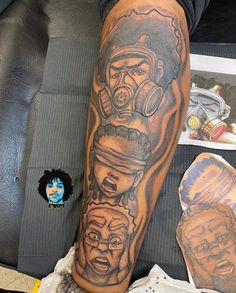 a man's leg with tattoos on it and an image of two people wearing gas masks