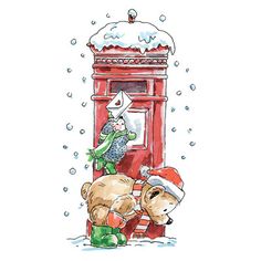 a drawing of two teddy bears in front of a red phone booth with snow on the ground