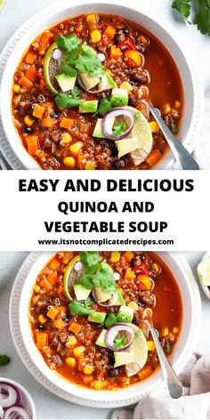 two bowls of easy and delicious quinoa and vegetable soup with avocado