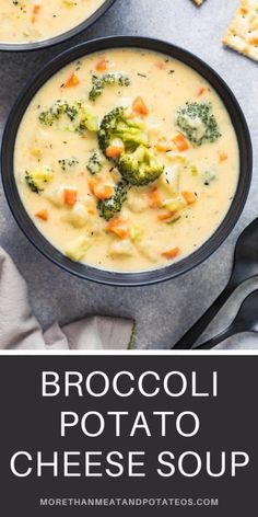 two bowls of broccoli potato cheese soup with crackers