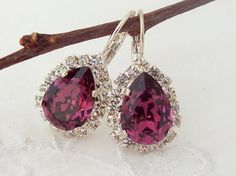 Purple amethyst Swarovski teardrop earrings by EldorTinaJewelry Purple Rhinestone Earrings For Wedding, Jeweled Teardrop Crystal Earrings Gift, Teardrop Jeweled Crystal Earrings For Gift, Wedding Jewelry Vintage, Burgundy Earrings, Crystal Earrings Wedding, Purple Burgundy, Earrings Bridesmaid, Purple Earrings