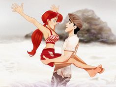 the little mermaid and her man are dancing together in the water, with their arms around each other