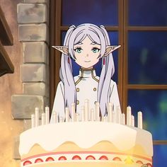 an anime character standing in front of a large cake with candles on it and looking out the window