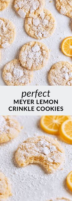 lemon cookies with powdered sugar on top and the words perfect, never lemon crinkle cookies