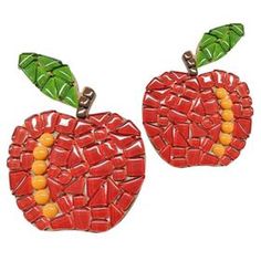 two red apple shaped earrings with green leaves and beads on each earring side by side