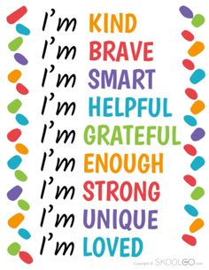 a poster with words that say i'm kind of brave, smart, helpful and grateful