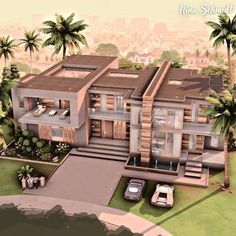 an artist's rendering of a modern house with palm trees and cars parked in front