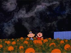 peanuts and charlie on pumpkin patch at night