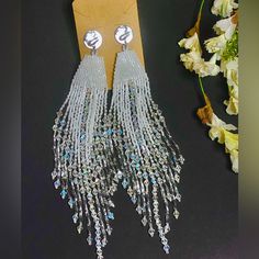 Beaded Work Made With Miyuki And Preciosa Crystals. Hypoallergenic Sterling Silver Beaded Earrings, Glamorous Beaded Crystal Earrings, Silver Crystal Earrings With Rhinestone Fringe, White Fringe Earrings, Blue Faceted Beaded Crystal Earrings, Multicolor Nickel-free Beaded Earrings For Festival, Beaded Work, Handmade Hoop Earrings, White Fringe