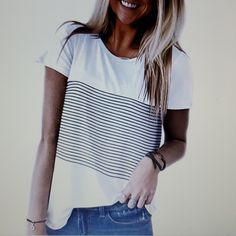 Brand New T Shirt With Black And Cream Stripe Detail. Xl. Striped Crew Neck Top For Day Out, Casual Crew Neck Shirt For Day Out, White Graphic Tee For Day Out, White Short Sleeve T-shirt For Day Out, White Cotton T-shirt For Day Out, Simple White Tops With Graphic Print, Black Graphic Tee For Day Out, White Short Sleeve Tops For Day Out, White Graphic Tee For Everyday Wear