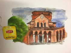 a drawing of an old church with a yellow tag hanging from it's side