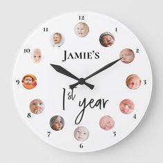 a white clock with many different faces on it's face and the words, james 1st year