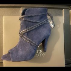 Vince Camuto Never Worn Blue Booties Elegant Blue Spring Boots, Elegant Blue Ankle Boot Heels, Black Ankle Strap Heels, Red Suede Heels, Beige Heels, Patent Heels, Black Strappy Heels, Satin Heels, Suede Block Heels