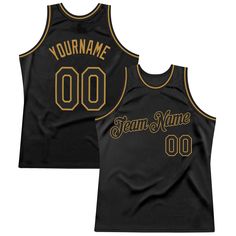 a black basketball jersey with gold lettering on the front and back, that says your name