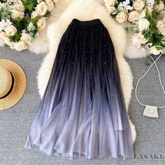 Lasaky - Starry Sky Gradient Sequin Midi Skirt, High Waist with Pleated Design, Embellished with Sheer Tulle Fabric Celestial Dress, Mesh Maxi Skirt, Sequin Midi Skirt, High Waist Long Skirt, Skirt High Waist, Mesh Skirt, Types Of Skirts, Gradient Color, Long Skirt