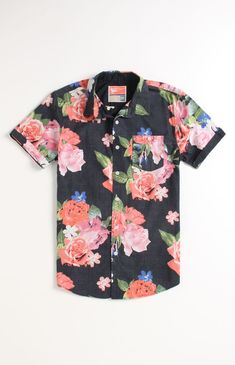 Floral short-sleeve button up shirt; would be cute with a pair of skinny jeans and skateboard or a pair of overalls Boys Hawaiian Shirt, Cut Up Shirts, One Direction Shirts, Cheer Shirts, Matching Couple Shirts, Southern Shirts, Tie Dye Shirts, Mens Hawaiian Shirts, Diy Shirt