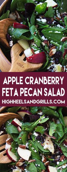 two wooden spoons filled with apple cranberry feta pecan salad