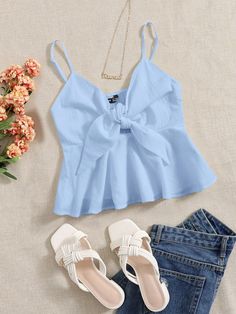 Women's Woven Front Knot Cami Tank Top Baby Blue Boho   Woven Fabric Plain Cami Non-Stretch Summer Women Clothing, size features are:Bust: ,Length: ,Sleeve Length: Cute Outfits With Shorts, Top Summer Outfits, Chic Romper, Stylish Shorts, Flowy Dresses, Summer Trends Outfits, Chic Tops, Trendy Skirts