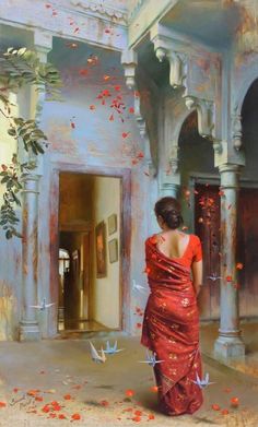 a painting of a woman in a red dress walking towards a building with flowers on the ground