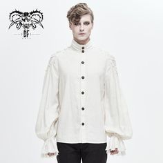 Steampunk Puff Sleeve High Collar Cotton And Linen Men White Shirts Gothic Antique, Shirt With Buttons, Rock Style Clothing, Gothic Shirts, White Long Sleeves, Linen Men, Jacquard Shirt, White Shirt Men, Black Pants Men