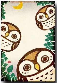 two owls sitting on top of green leaves with a half moon in the sky behind them