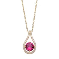 This stunning 14k gold over sterling silver red cubic zirconia pendant necklace is a must-add to your fine jewelry collection. This stunning 14k gold over sterling silver red cubic zirconia pendant necklace is a must-add to your fine jewelry collection. Pendant size: 19 mm x 11 mm Chain length: 16 in. with 2-in. extender Chain type: cable Metal: sterling silver Plating: 14k gold Finish: polished Additional details: cubic zirconia accents Packaging: boxed Please note, due to the high value of thi Yellow Gold Jewelry With Lab-created Ruby For Gift, Red Cubic Zirconia Birthstone Jewelry, Gold Fine Jewelry With Lab-created Ruby, Fine Jewelry Gold With Lab-created Ruby, Gold Jewelry With Lab-created Ruby, Red Cubic Zirconia Fine Jewelry Necklace, Red Oval Cubic Zirconia Necklace, Fine Jewelry Pendant With Lab-created Ruby, Gold Jewelry With Lab-created Ruby As A Gift