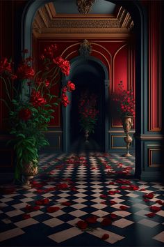 an image of a hallway with roses on the floor and vases full of flowers