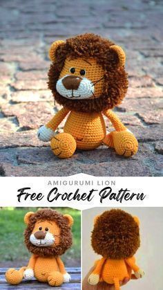 a crocheted lion stuffed animal sitting on top of a wooden bench with the caption free crochet pattern